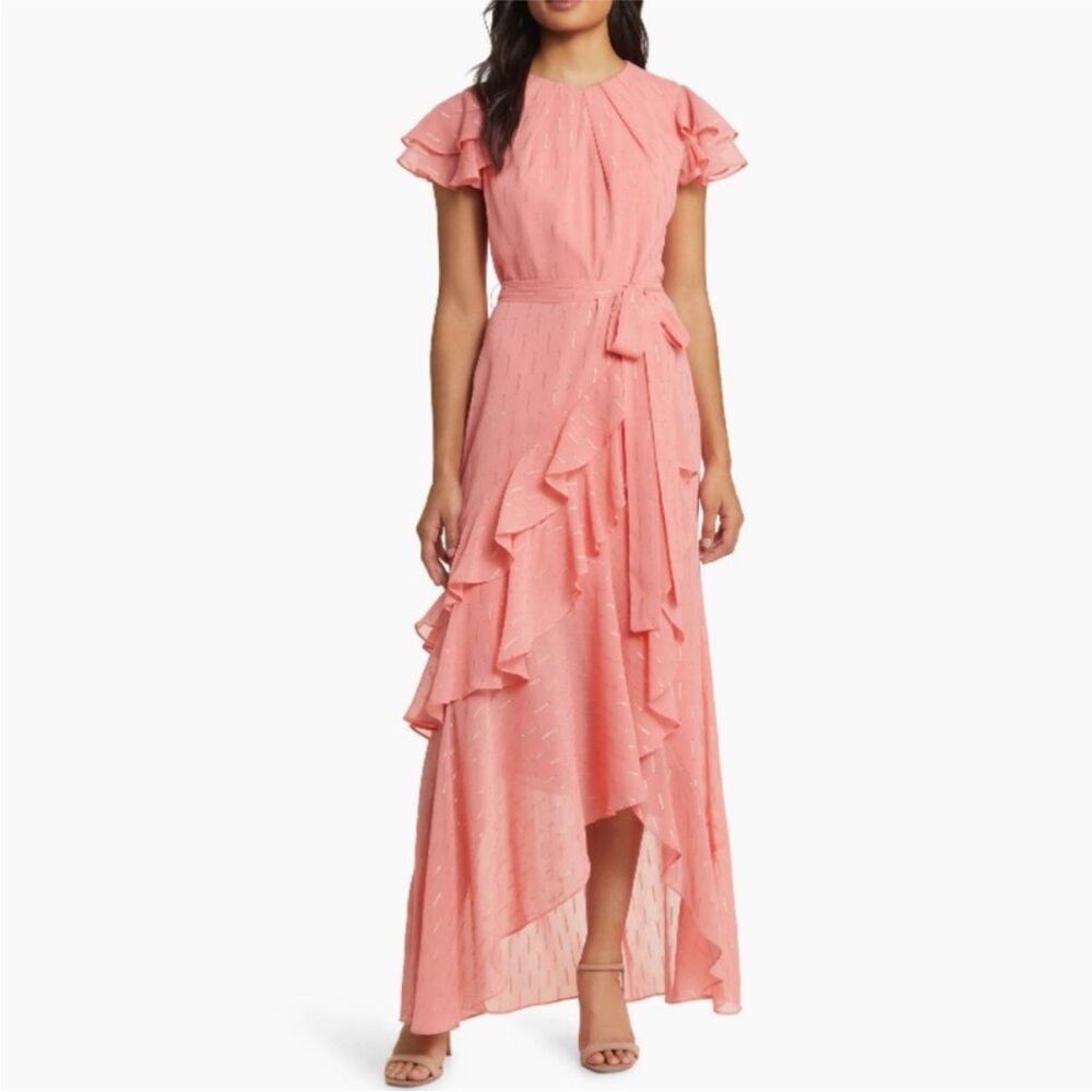 Eliza J Metallic Ruffle Fil Coupé High-Low Maxi Dress